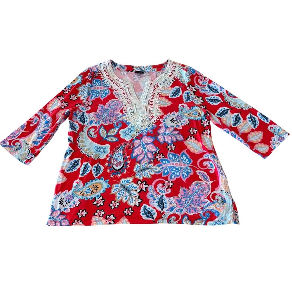 Talbots Womens XL Red Paisley Pima Cotton Modal Knit Tunic 3/4 Sleeve Lace Trim